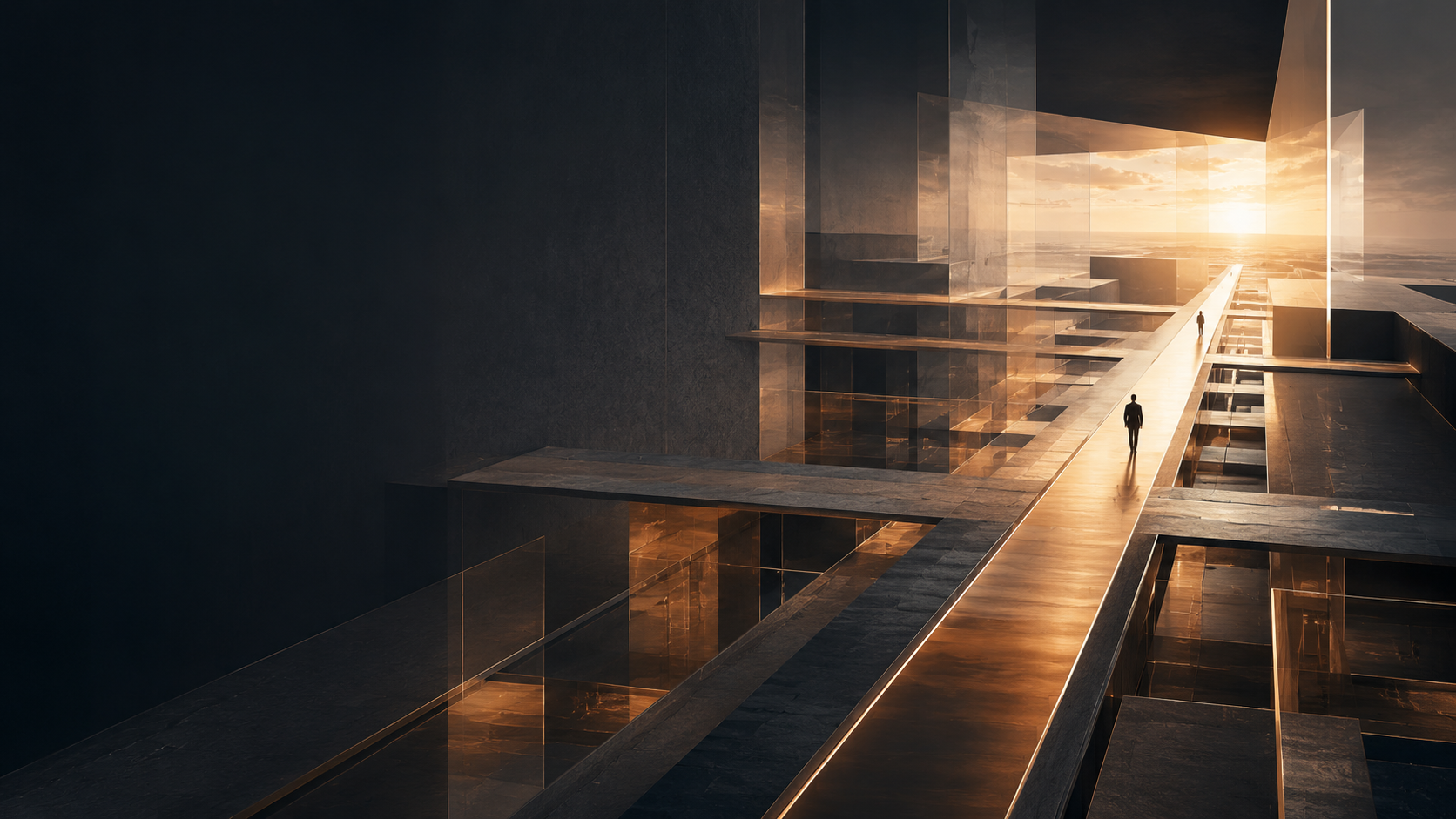 A clear illuminated path emerging through complex business structures