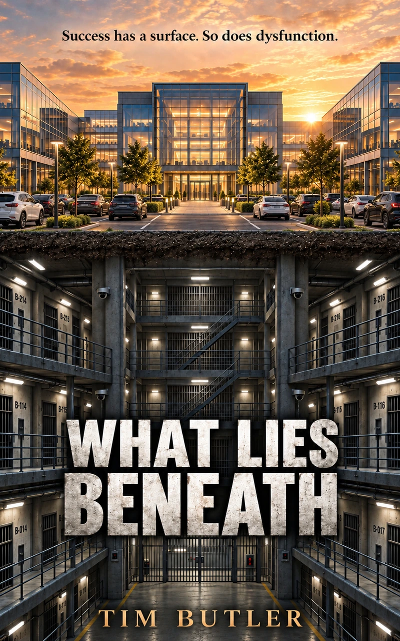 What Lies Beneath by Tim Butler. The official cover shows a corporate office above a prison.